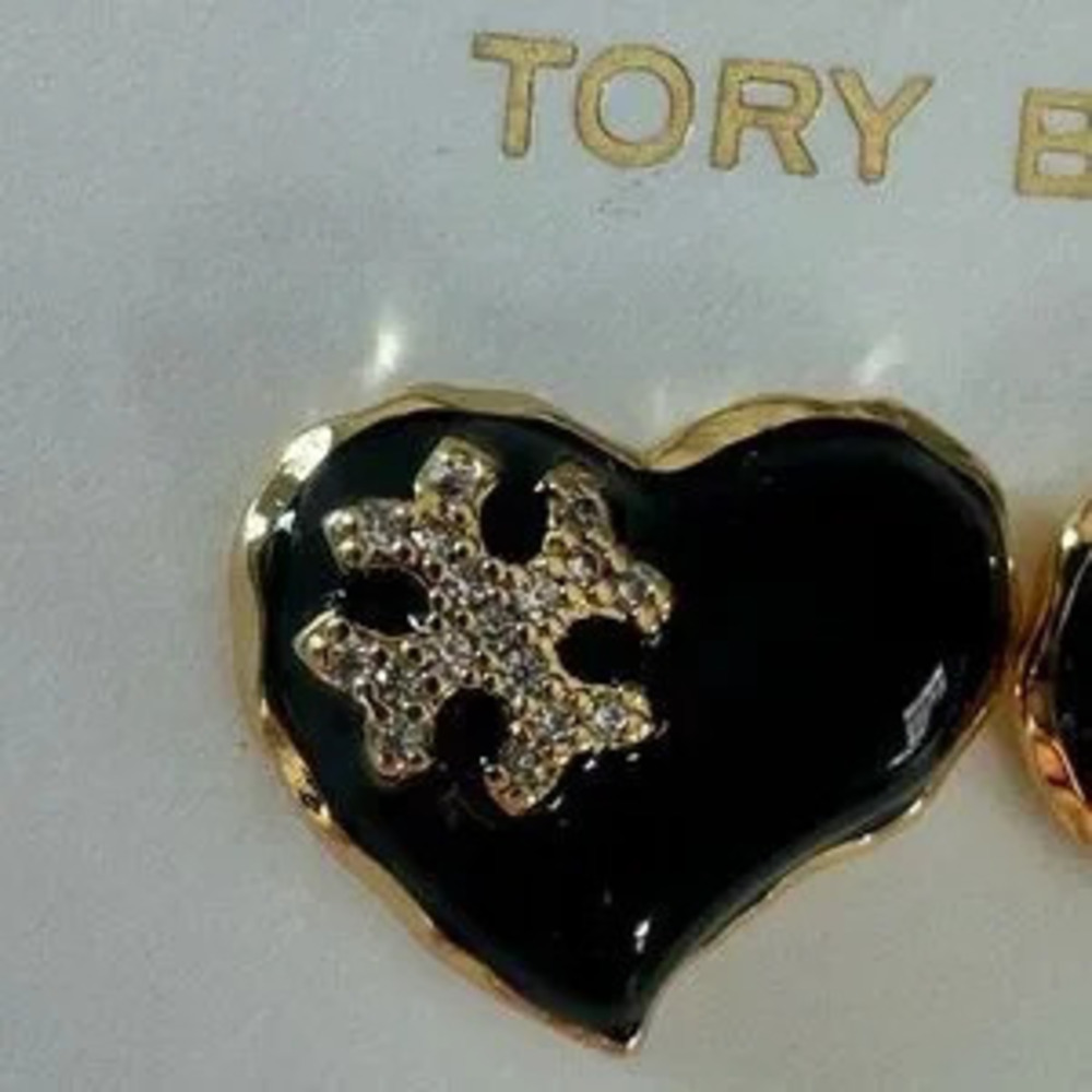Tory Burch New Kira Black Enamel Heart Pave Crystals Gold-Toned Stud Earrings